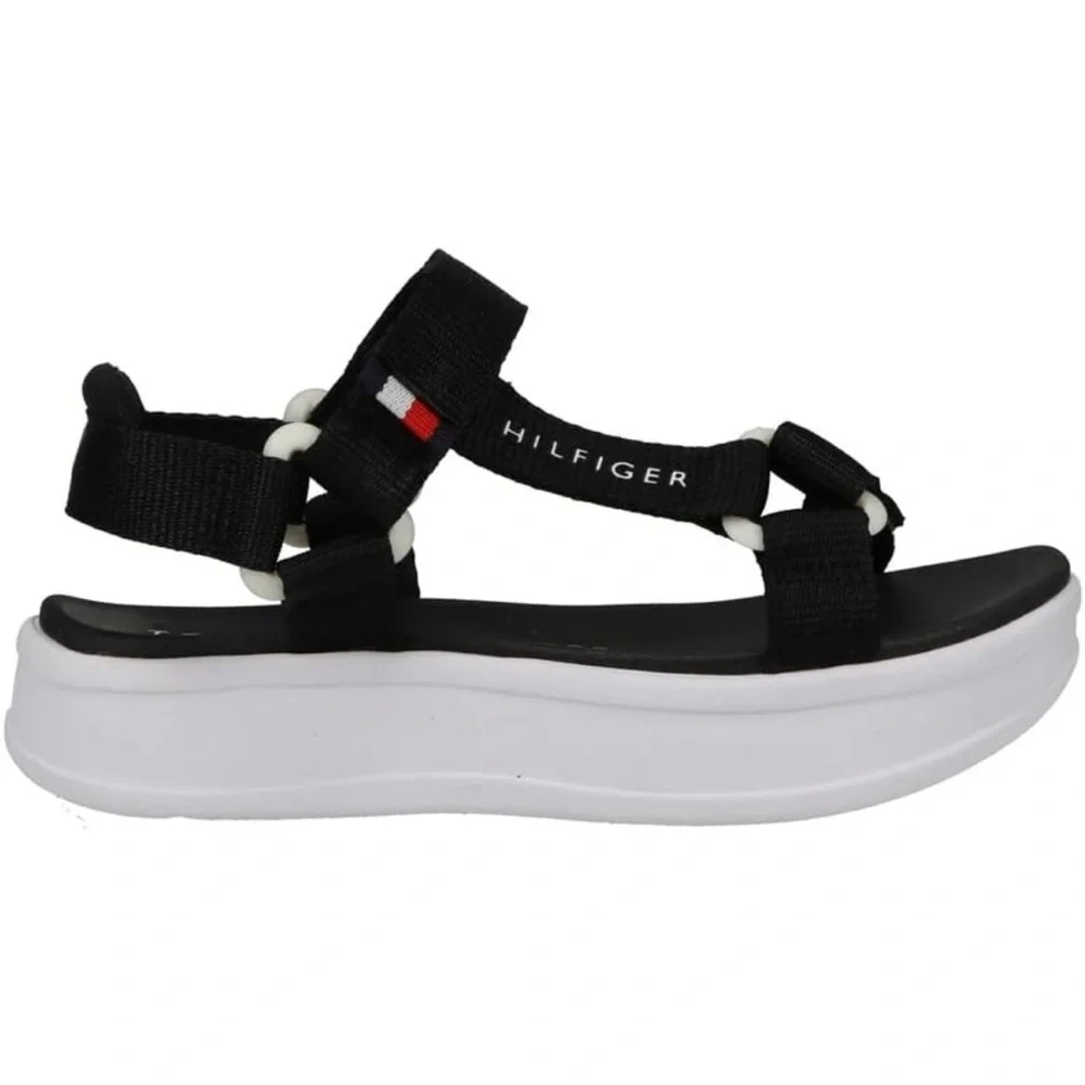 TOMMY HILFIGER Unisex Kids Th Leomi Utility Sandals Black/White US Size 2 NEW!🩴